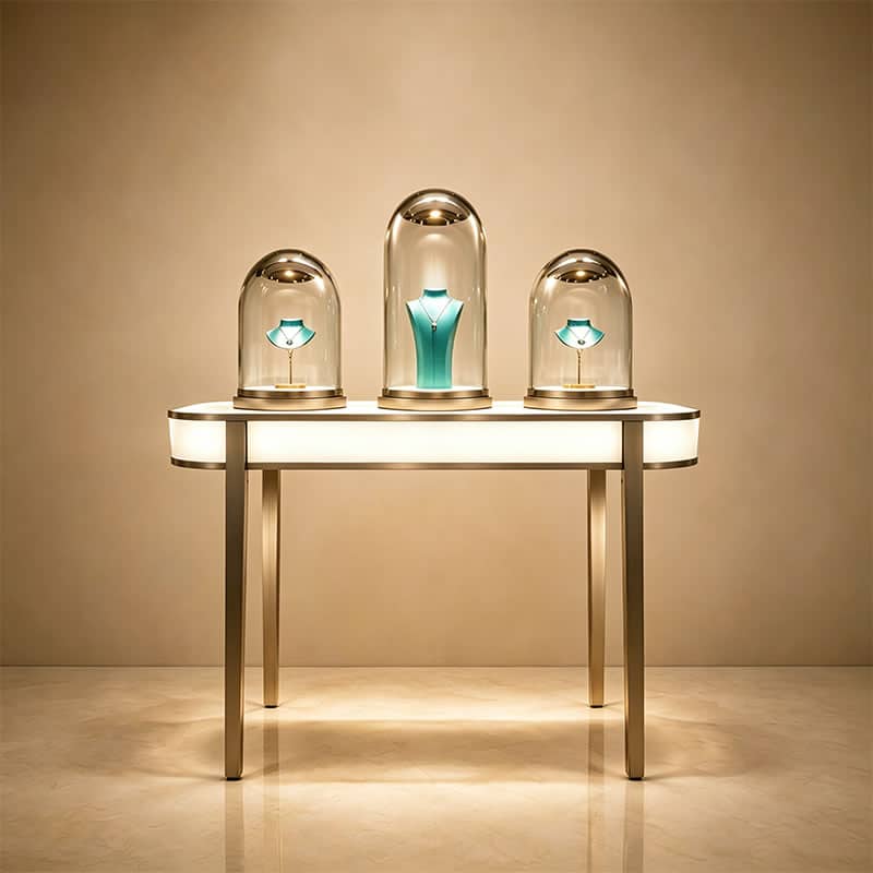 Premium High-Low Dome Glass Jewelry Table with Slender Legs - Miland Showcase Premium High-Low Dome Glass Jewelry Table with Slender Legs - Miland Showcase