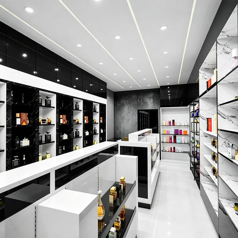 Modern Black & White Perfume Display Cabinets with Marble Finishes - Miland Showcase Modern Black & White Perfume Display Cabinets with Marble Finishes - Miland Showcase